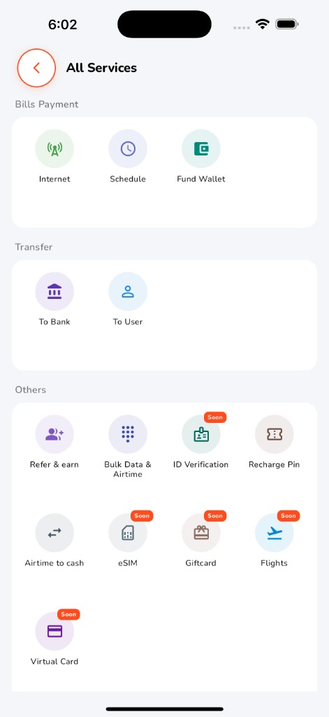 iflow mobile app — All Services screen with bills, transfers, eSIM and more